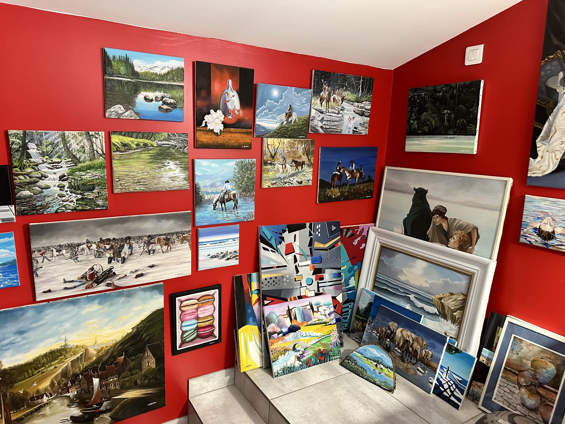 Inside Didier Breteau's studio at Châteauneuf-du-Rhône — a wall hung close with four decades of work